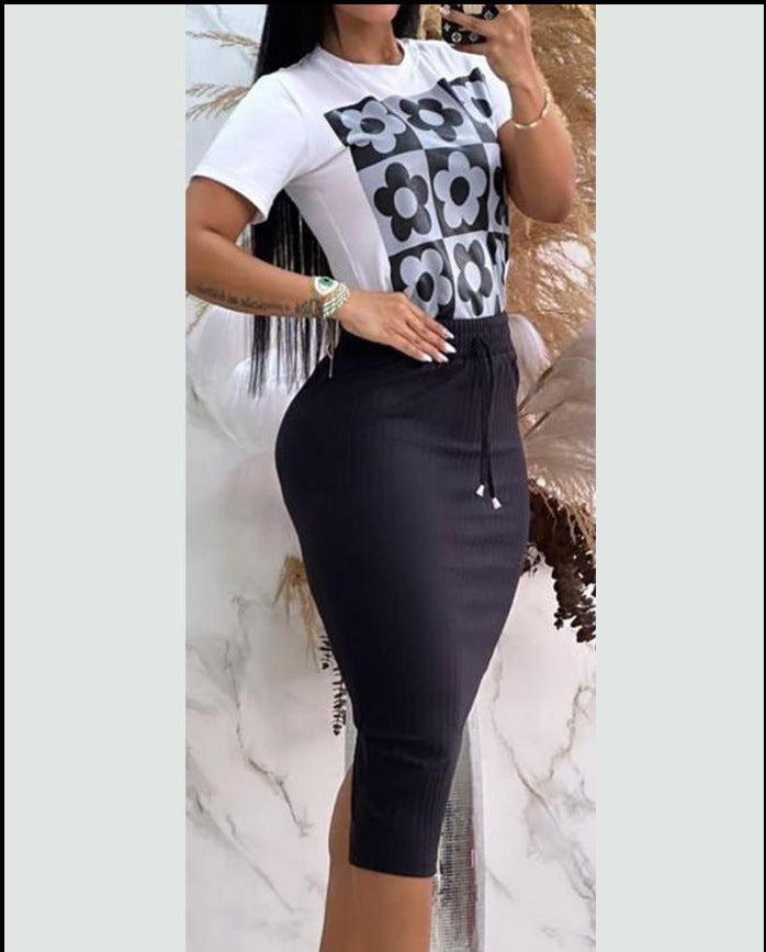 Women Casual Print Short Sleeve Top and Skirt Two-Piece Set 3