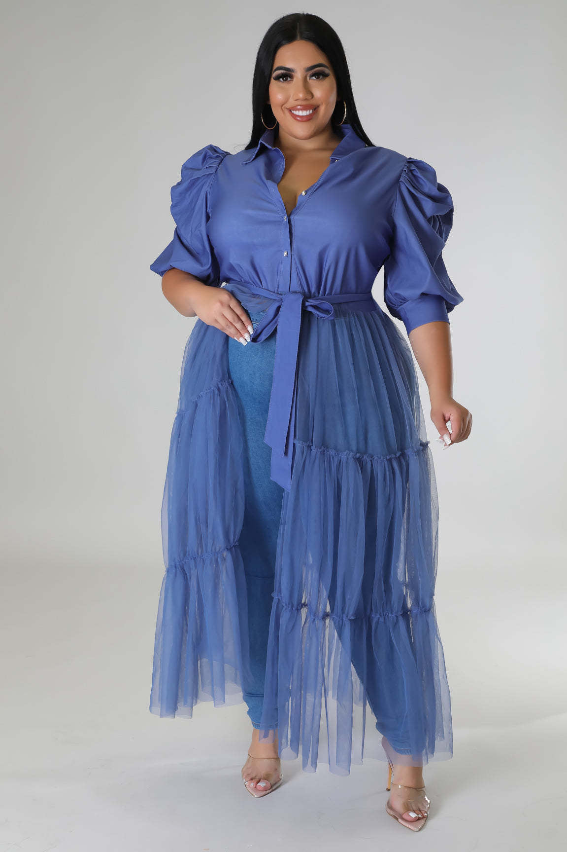 Plus Size Women Chiffon Puff Sleeve Mesh Patchwork Ruched Dress 8