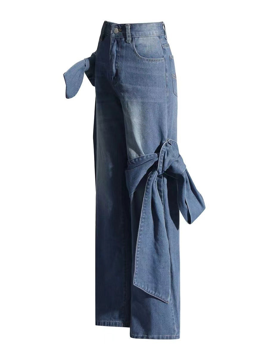Women Lace-Up Pocket Wide Leg Straight Denim Pants 7