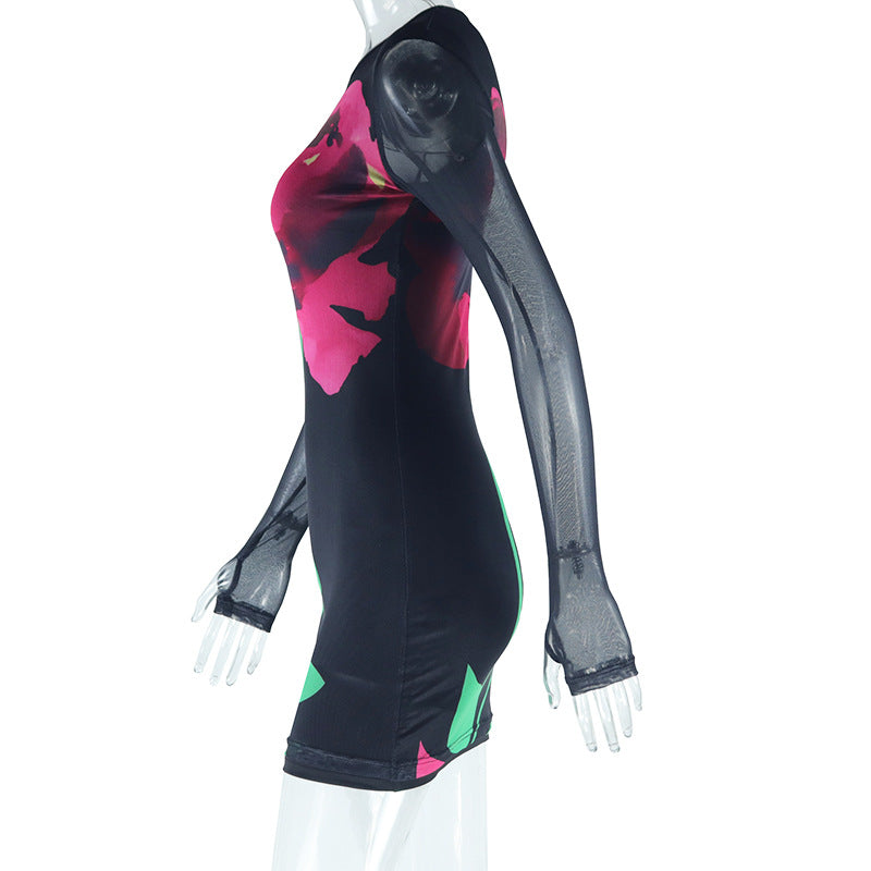 Women Print Round Neck Mesh Long Sleeve Bodycon Dress 7