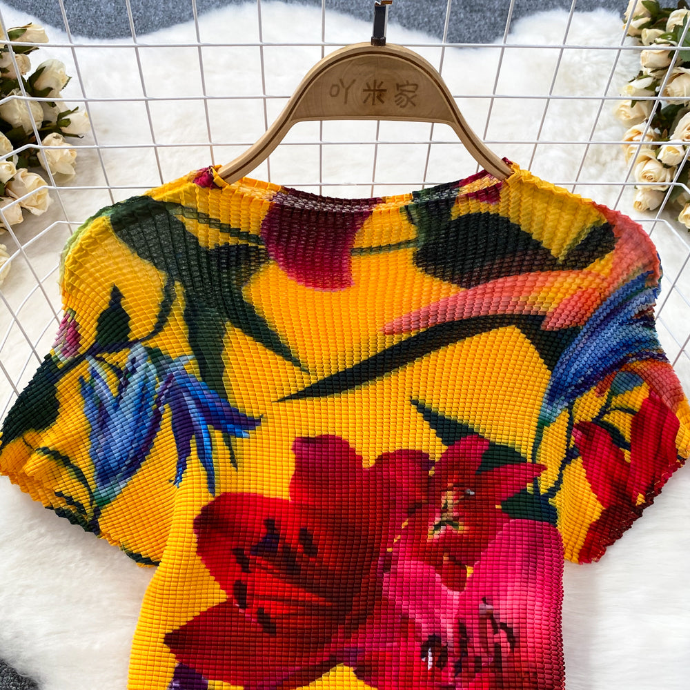 Fashion Women's Short Sleeve Printed Pleated Top High Waisted Slim Fit Wide Leg Pants Two-Piece Set 10