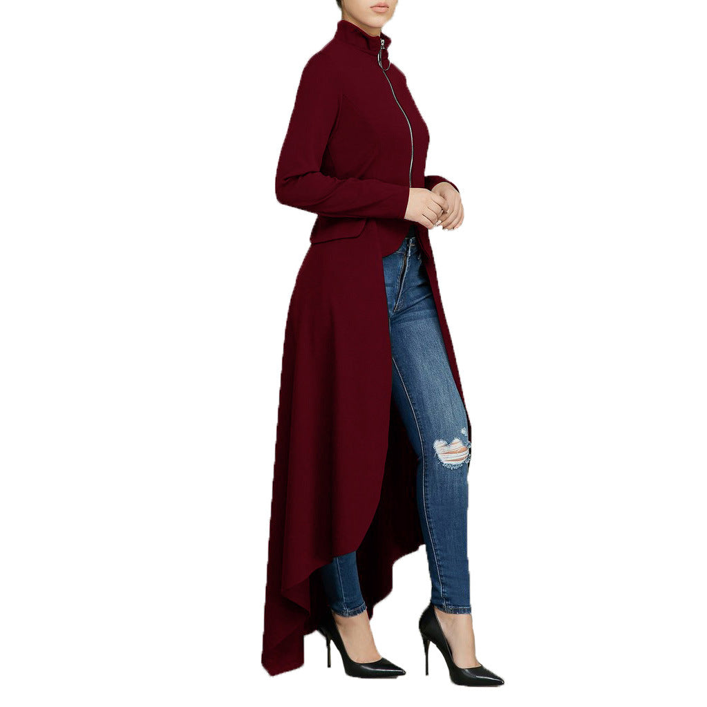 Spring Long-Sleeved High-Neck Slim Zipper Irregular Long Dress 64