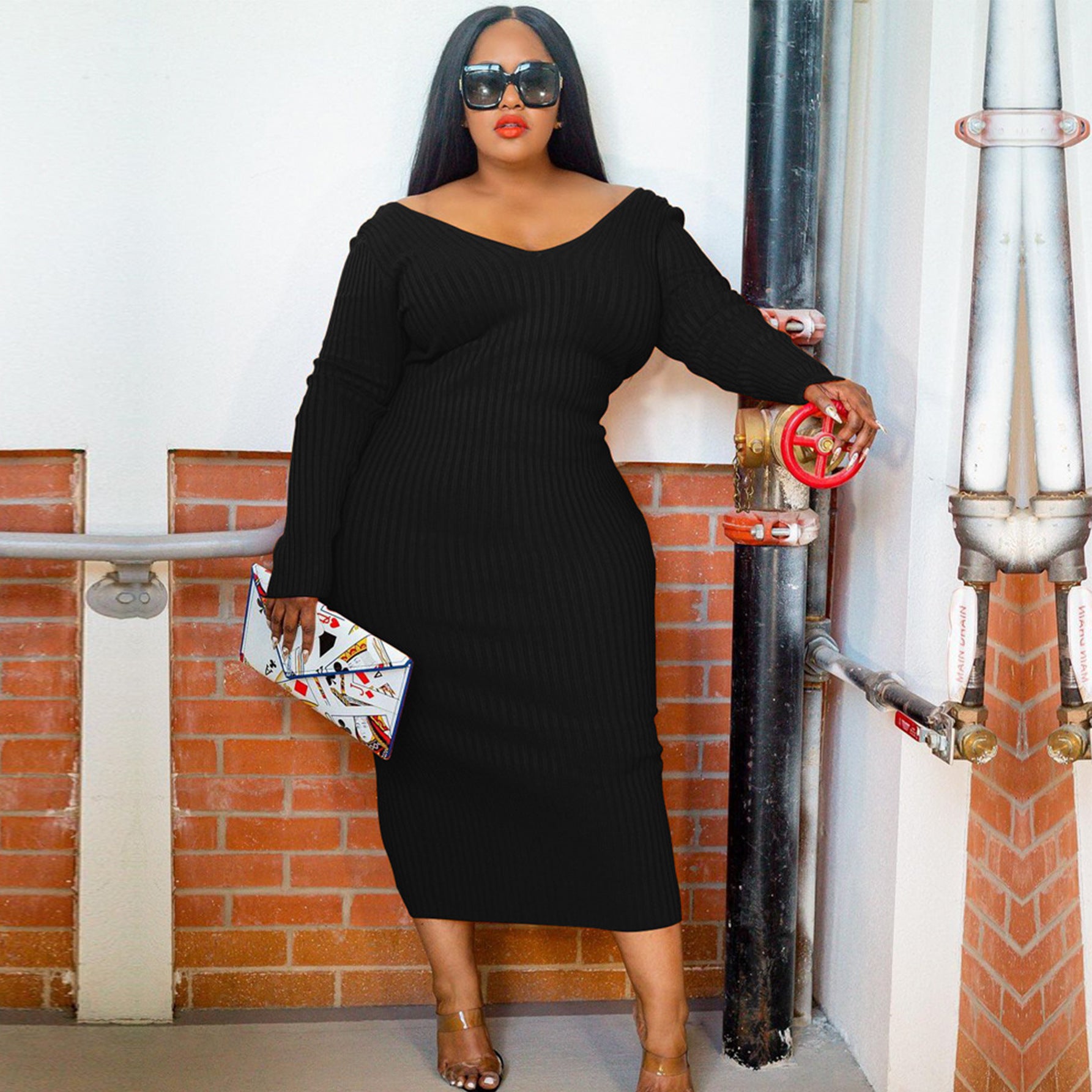 Casual Fashion Round Neck Ribbed Solid Color Women 's Plus Size Long Dress 7