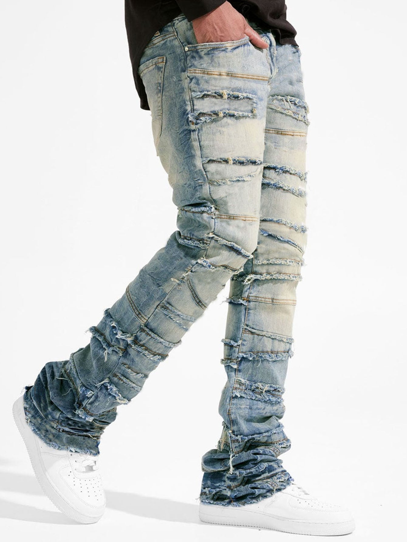 Street Fashion Men's Straight Leg Elastic Patch Denim Pants 5