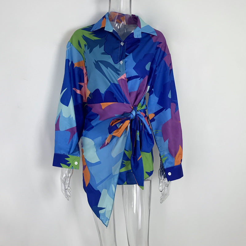 Women Printed Lace-Up Casual Long Sleeve Button Shirt Dress 15