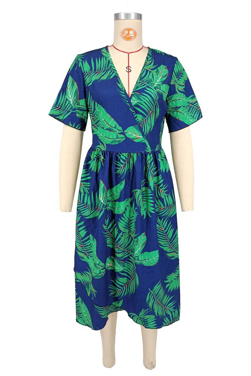 Plus Size Women Spring Summer Casual V Neck Printed Dress 6