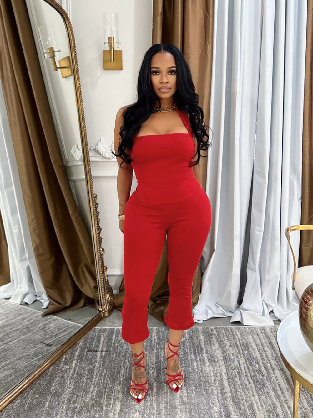 Women Spring Backless Halter Neck Sleeveless Vest and Pants Two Piece Set 6