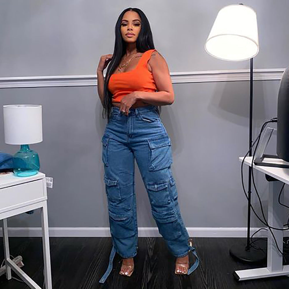 Trendy Multi Pocket Denim Pants Wash Cargo Pants Jeans