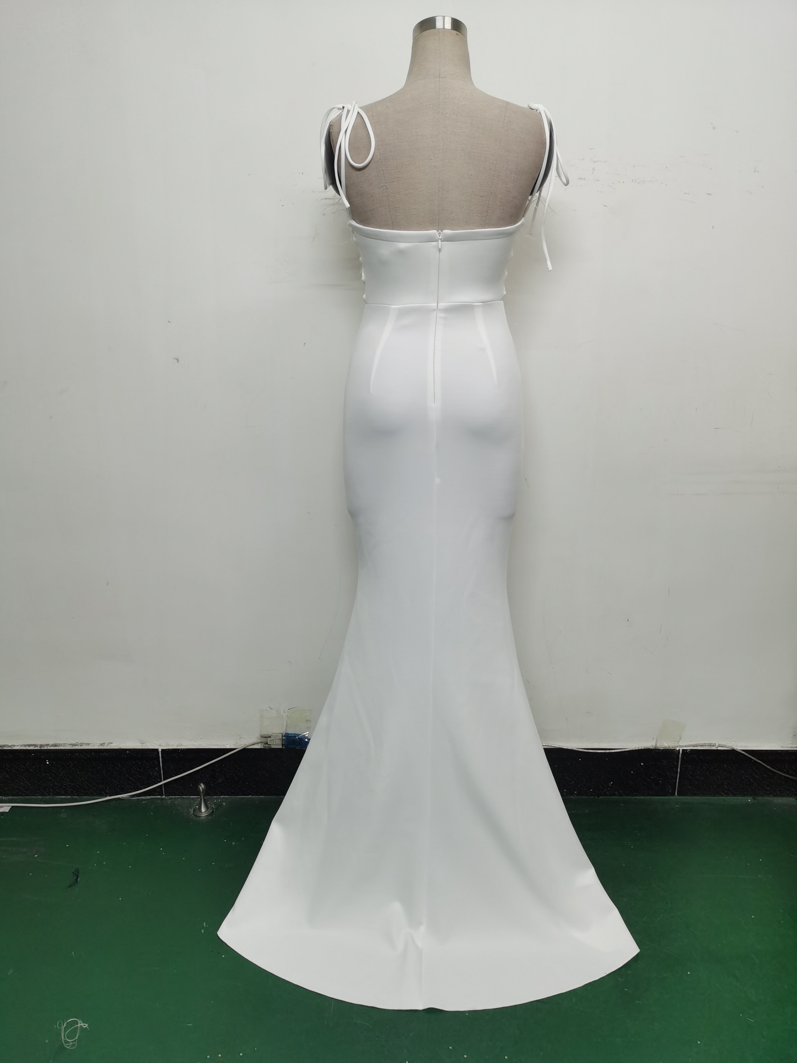 Feather Strap Slim Waist Solid Color Slit Evening Dress 21