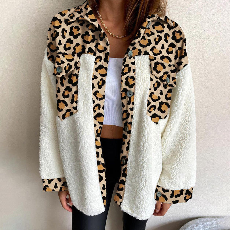 Women Turndown Collar Leopard Plaid Print Furry Patchwork Contrast Warm Long Sleeve Shirt 42