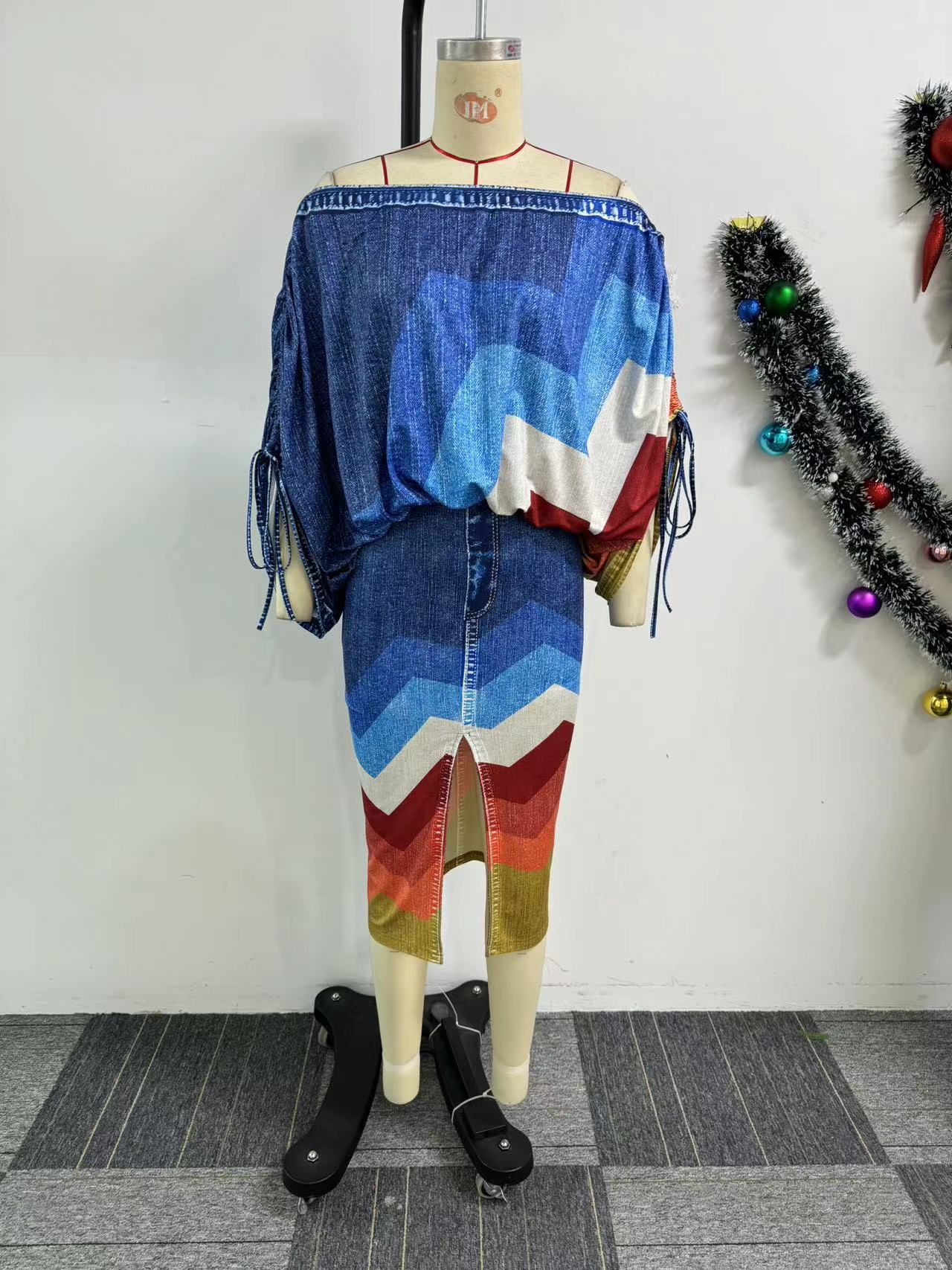 Slash Shoulder Print Bat Sleeves Top Slit Short Skirt Two-Piece Set 12