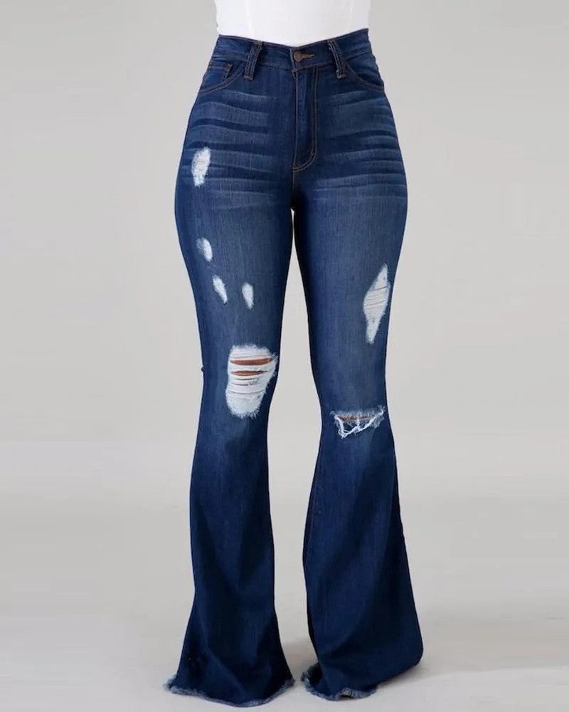 Women Stretch Ripped Denim Bell Bottom Pants