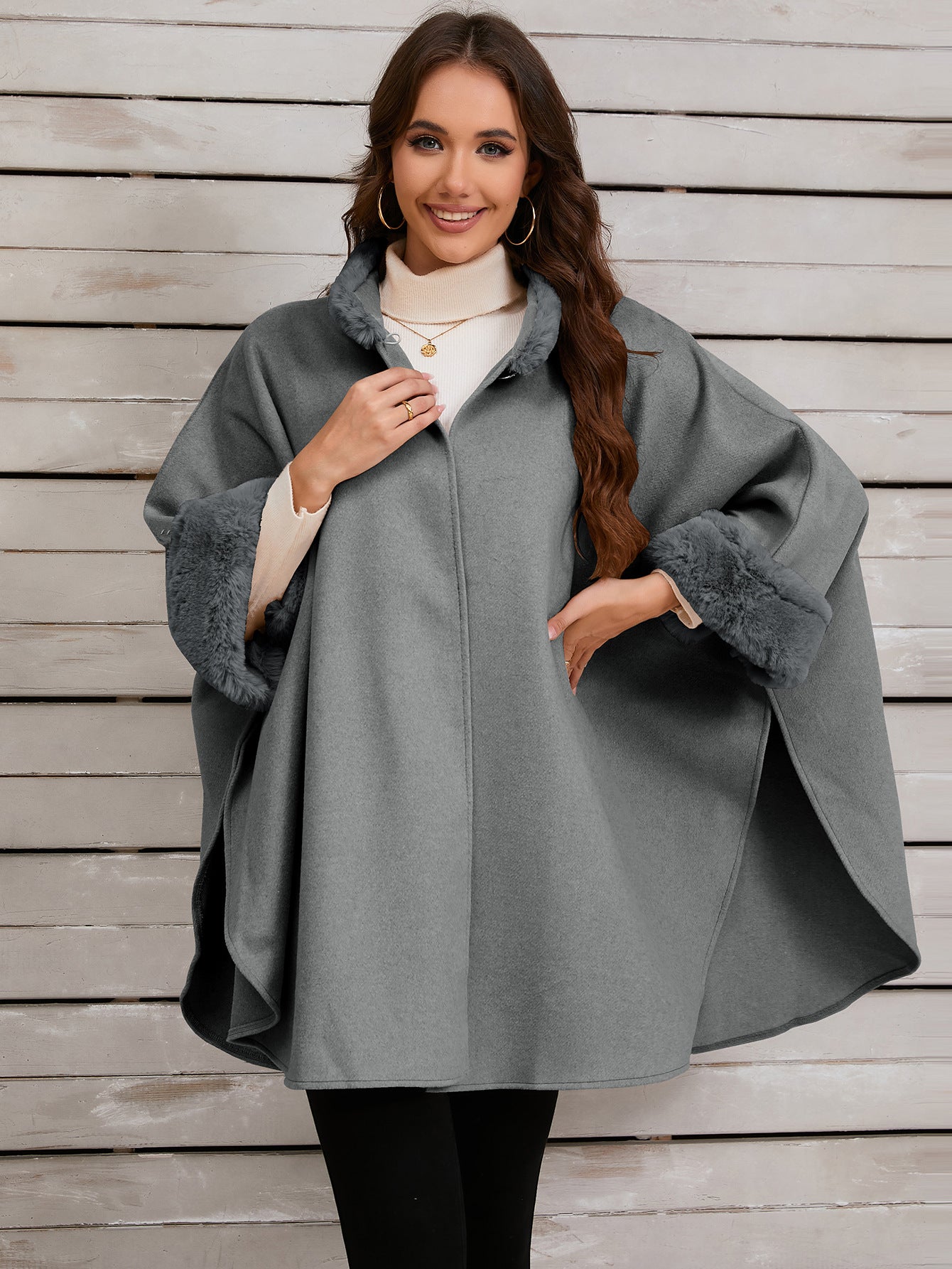 Autumn winter furry collar cape cloak jacket Casual loose shawl women's clothing 10