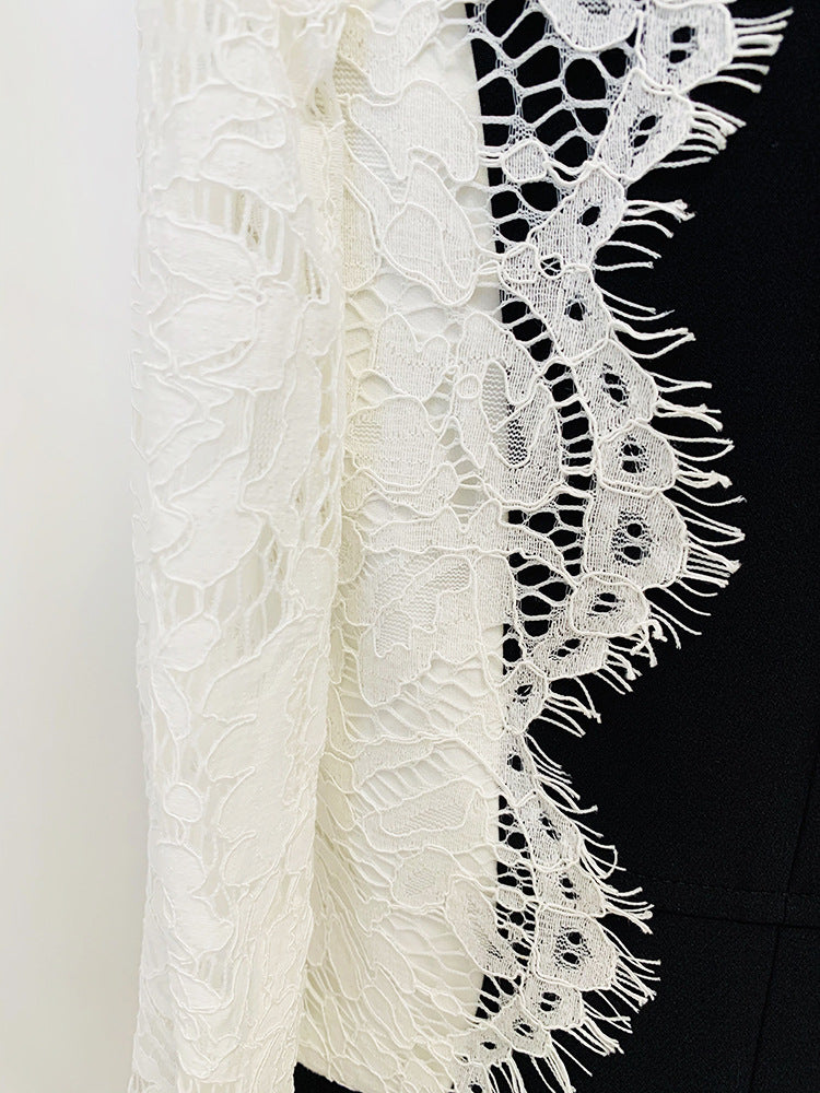 Fashion Slim One Button Contrast Color Lace Patchwork Blazer Jacket 7