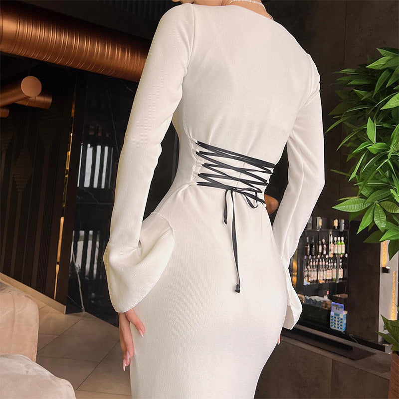 Women's Fall/Winter Bell Bottom Sleeve Lace-Up Slim Fashion Dress