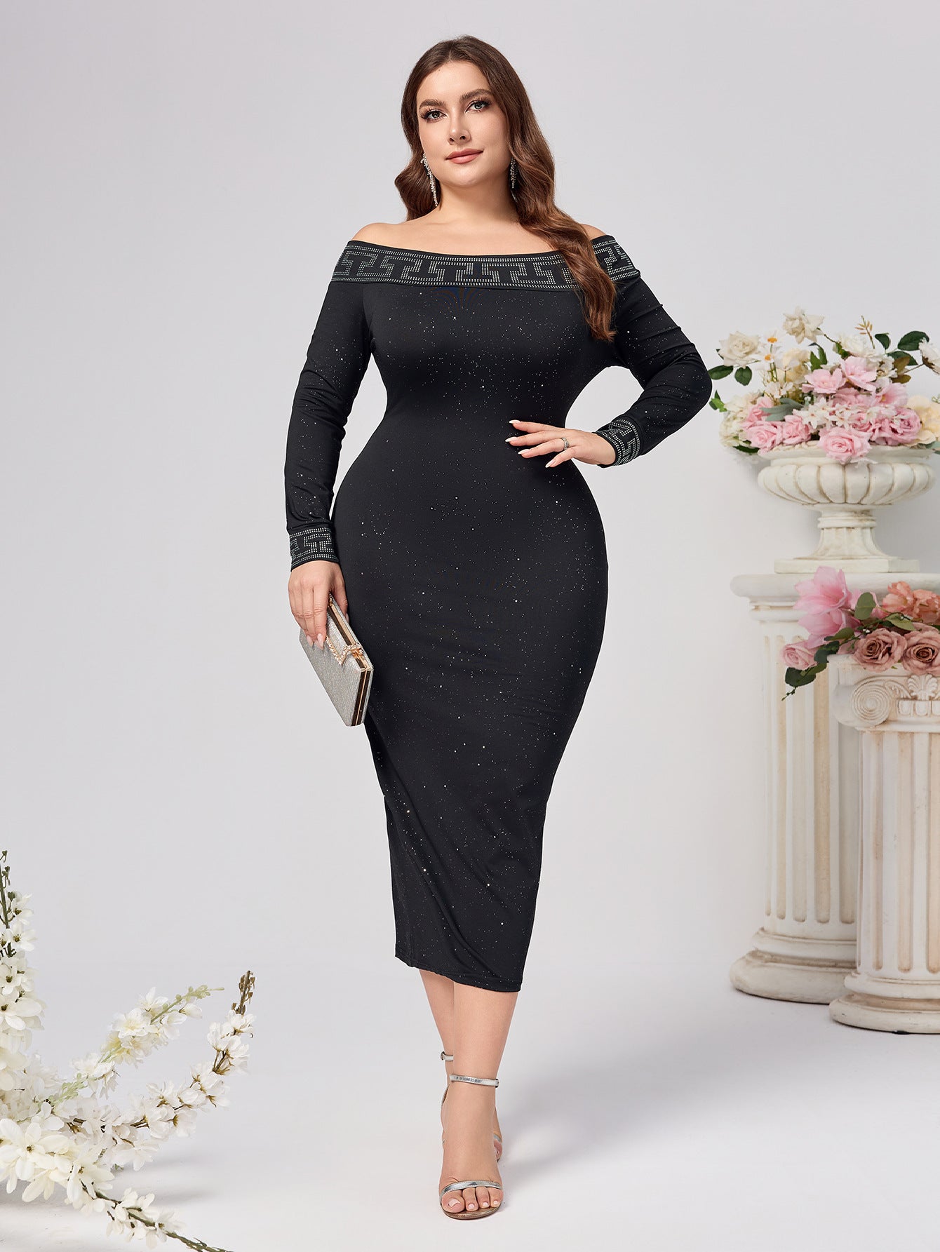 Plus Size Women Sexy Long Sleeve Sequin Off Shoulder Dress 6