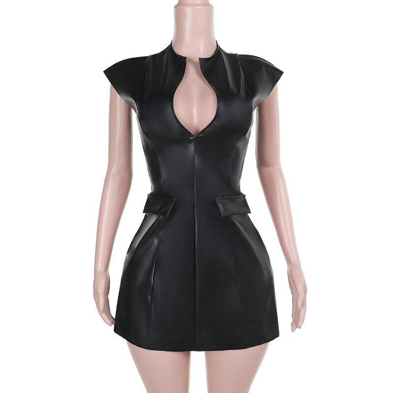 Sexy V-Neck Pu Leather Slim Waist Women Fashion Black Short Dress 7