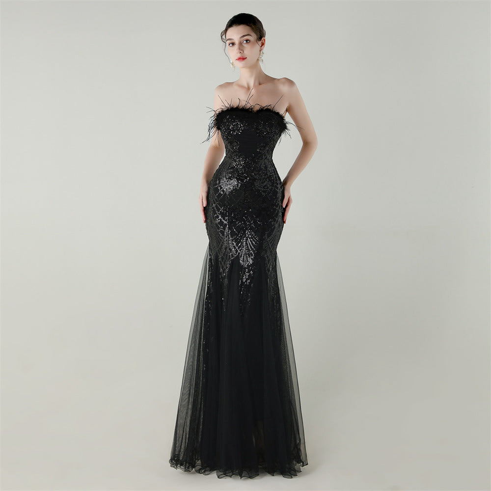 Women sequined tube flower ostrich feather Strapless cross Lace-Up Mesh Formal Party fishtail evening dress 5