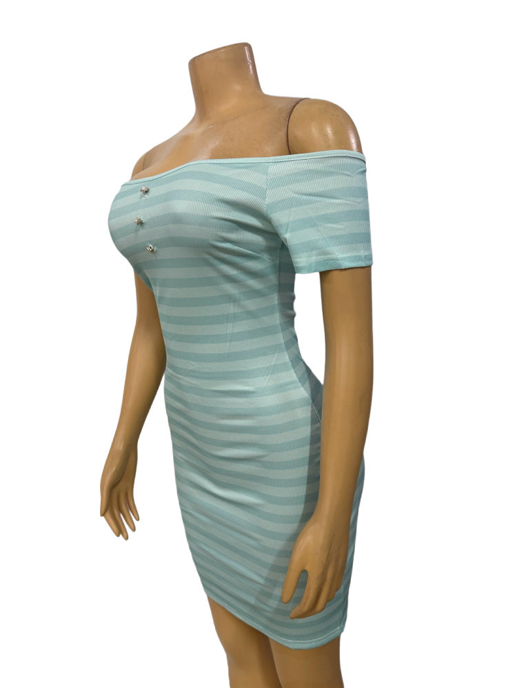 Women striped short-sleeved printed Off Shoulder sexy Bodycon dress 4