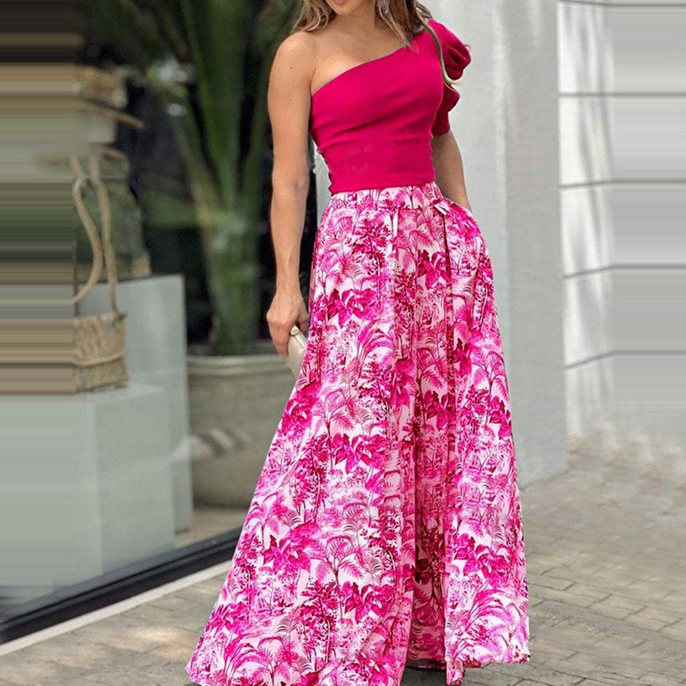 Women Style One-shoulder Top + Printed Swing Skirt Two-piece Set 3