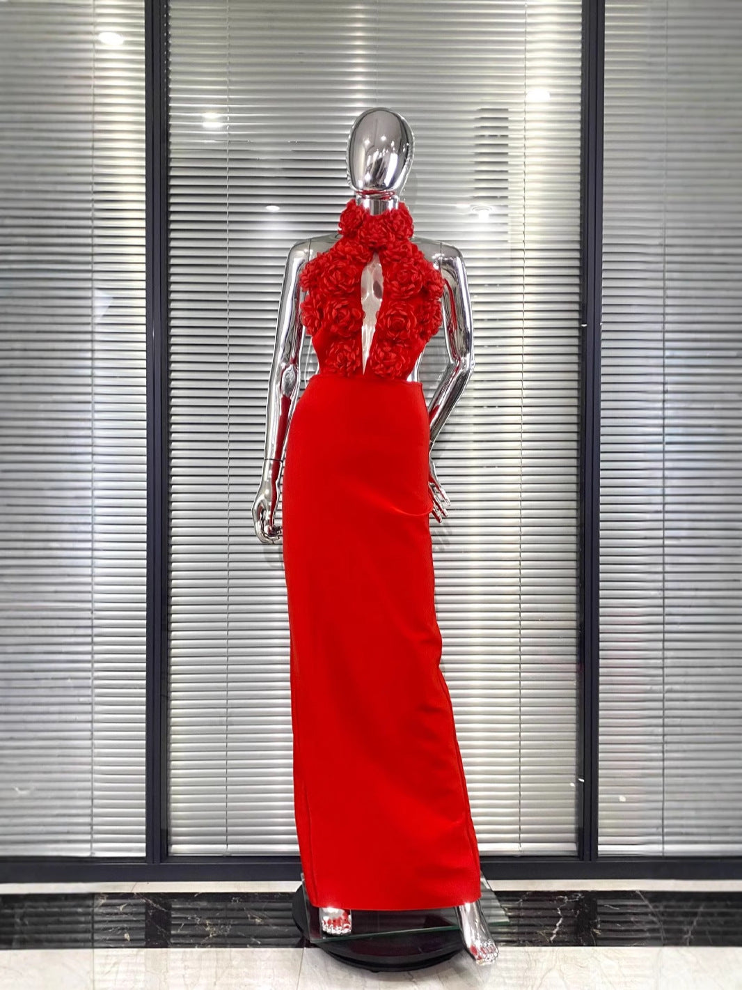 Women Floral Sexy Hollow Backless Halter Neck Red Summer Party and Holiday Bandage Dress 6