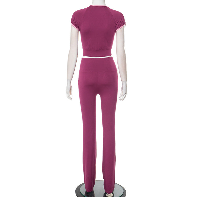 Women Spring/Summer Contrast Drop Shoulder Round Neck Zipper Top and Bell Bottom Pants Two Piece Set 9