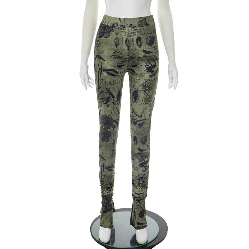 Women Spring/Summer Printed Stretchy Slit Gathered Casual Pants 6