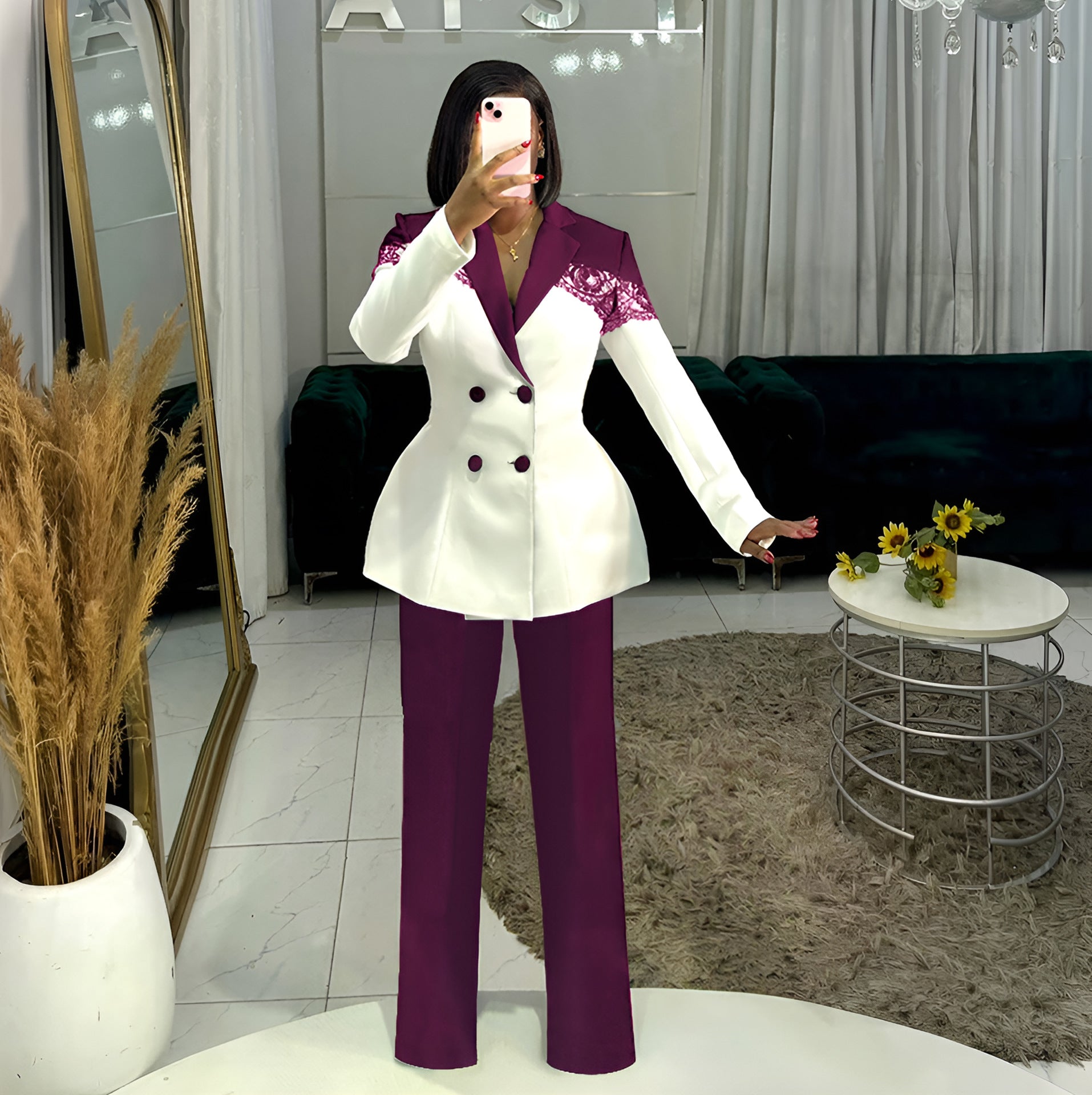 Women casual elegant lace Patchwork blazer and pant two-piece set 5