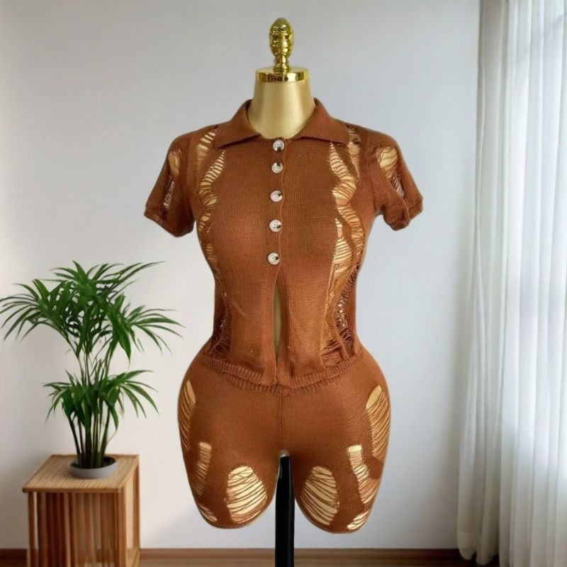 Sexy Hollow-Out Short Sleeve Knitting Top and Shorts Set 5