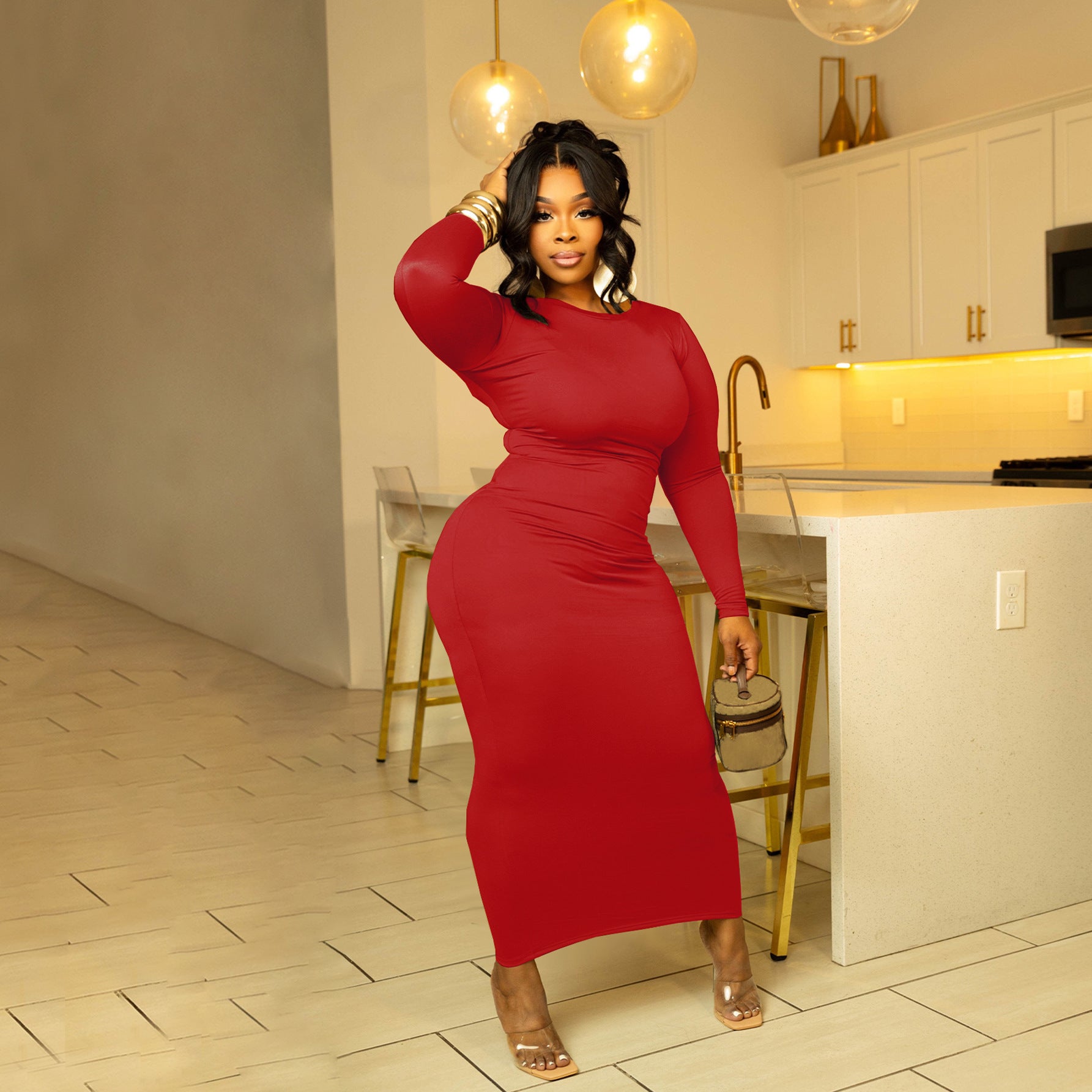 Women's Fashion Sexy Solid Color Round Neck Long Sleeve Slim Long Dress 9