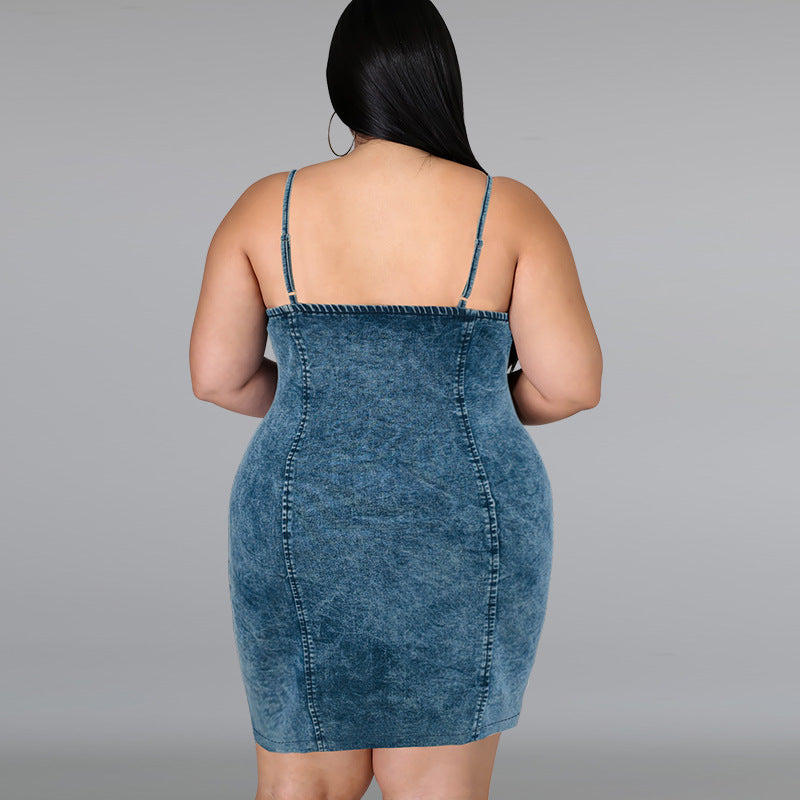 Plus Size Women's Denim Sleeveless Strap Short Dress 3