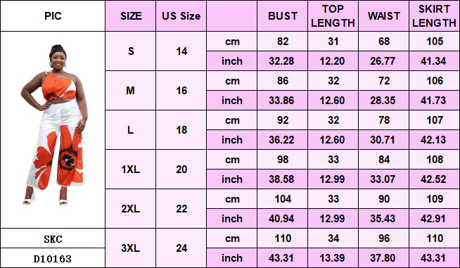 Plus Size Spring/Summer Printed One Shoulder Crop Top Wide Leg Pants Two Piece Set 13