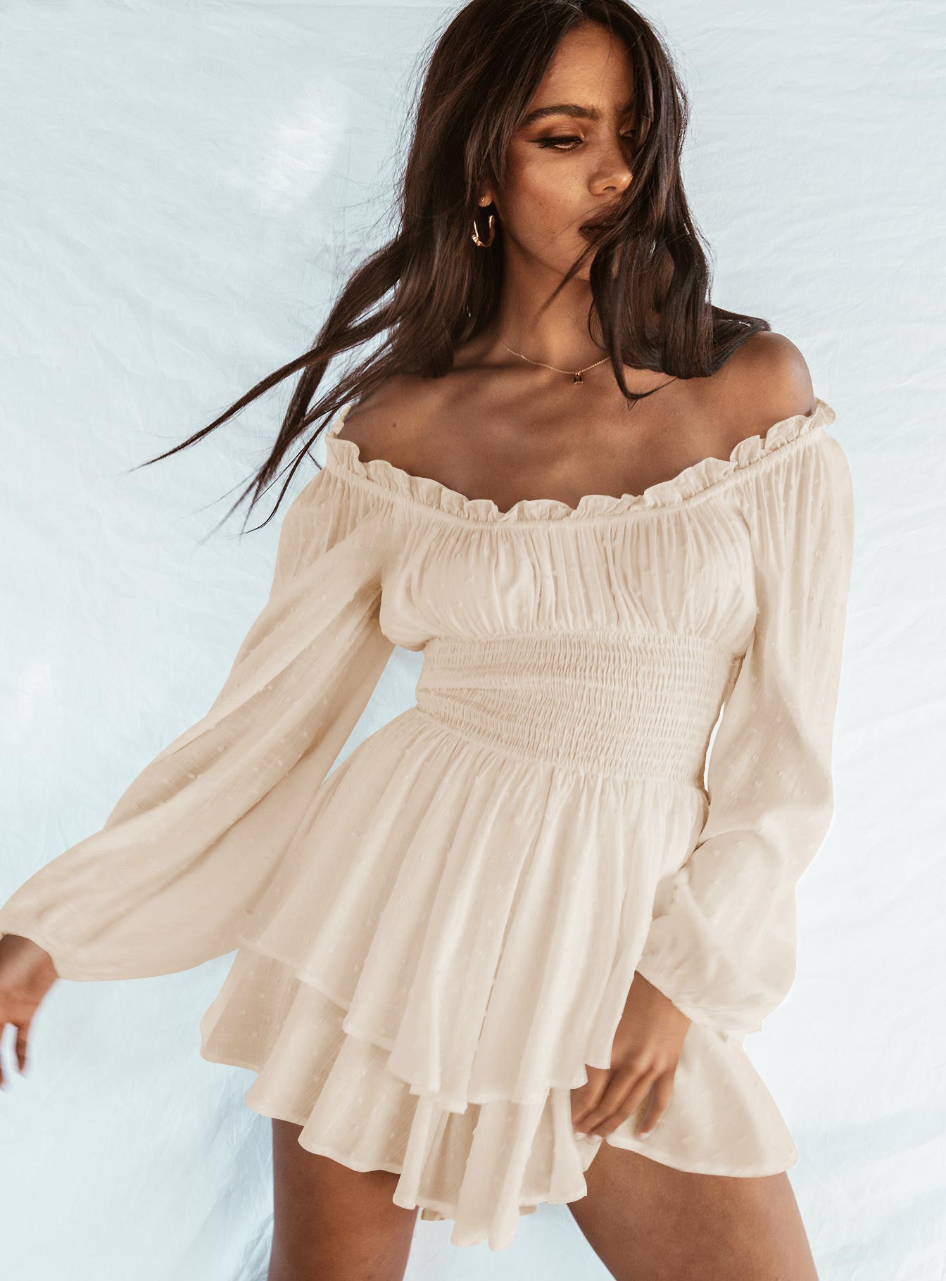 Spring And Summer Pleated Off Shoulder Long Sleeve Casual Ruffled Jumpsuit 4