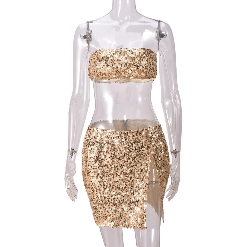 Women Summer Crop Backless Split Sequin Strapless Top and Skirt Two Piece Set 11