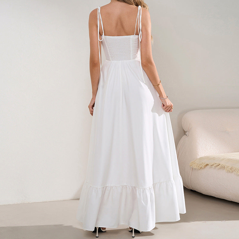 Summer Strap Lace-Up Sexy Low-Back Pleated Maxi Dress 8