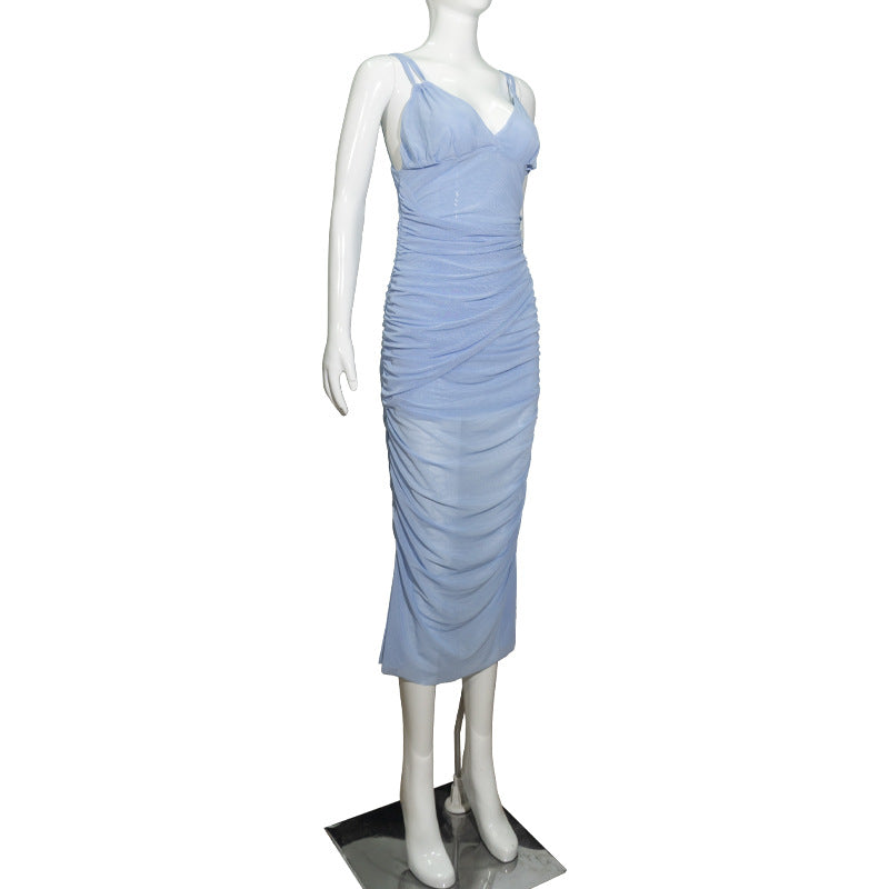 Women Strapless V-Neck Sleeveless Backless See-Through Mesh Slit Maxi Dress 8