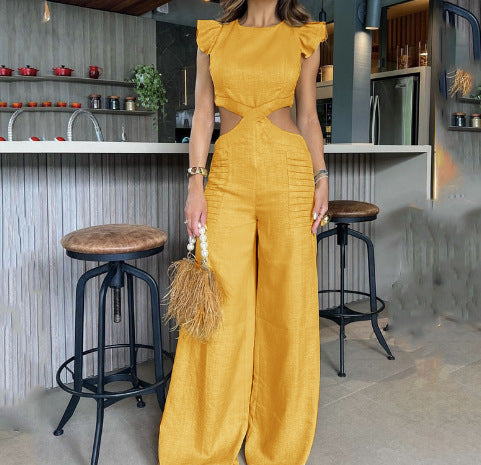 Women Summer Round Neck Ruffled Loose Jumpsuit 8