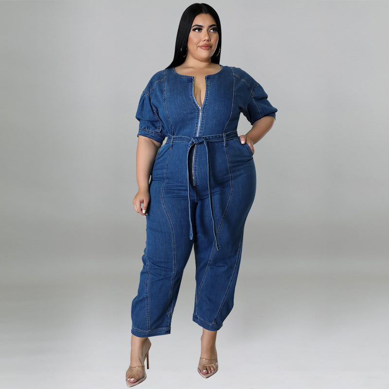 Plus Size Women summer short-sleeved zipper Denim Jumpsuit 6