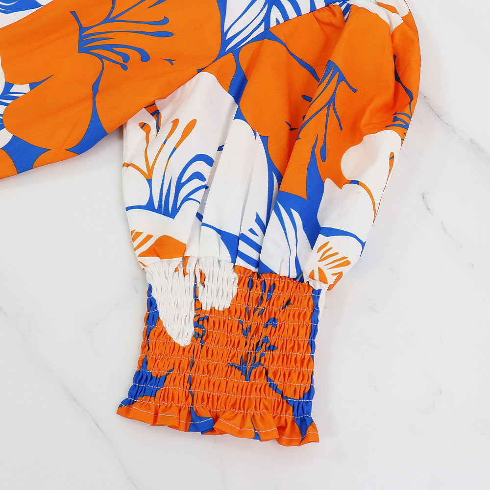 Women's Summer Print Turndown Collar Belt Slim Waist Long Dress 12