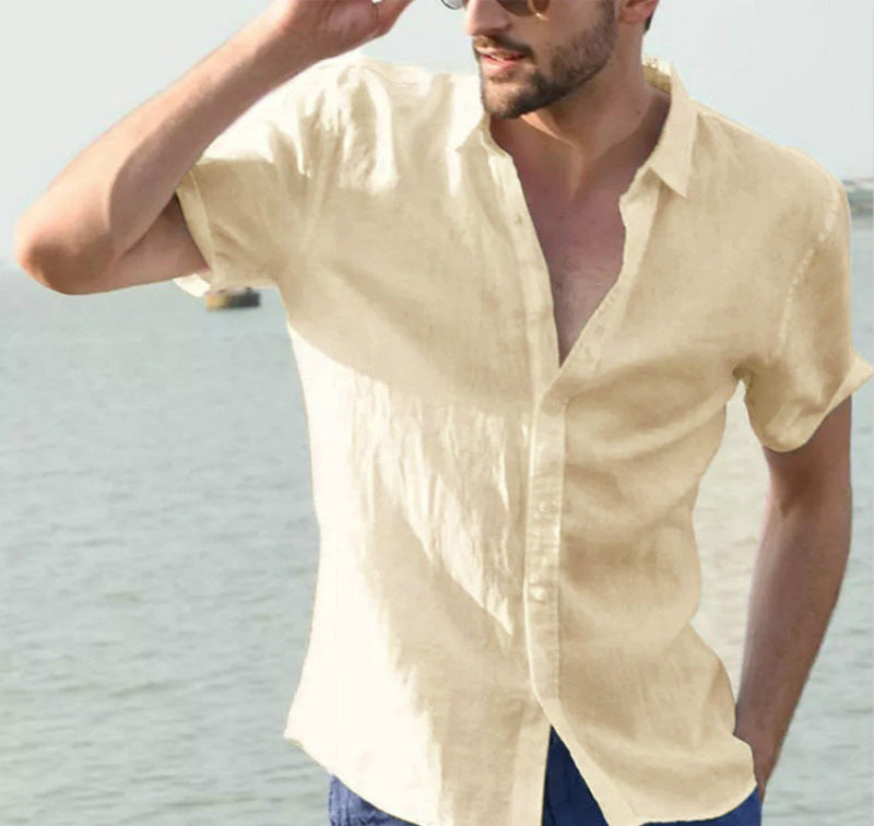 Men's Summer Solid Short Sleeve Turndown Collar Trendy Casual Shirt 6