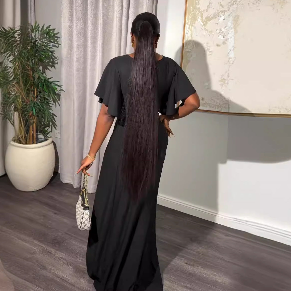 Sexy Solid Color Short Sleeves V-Neck Slit Two Piece Skirt Set 3