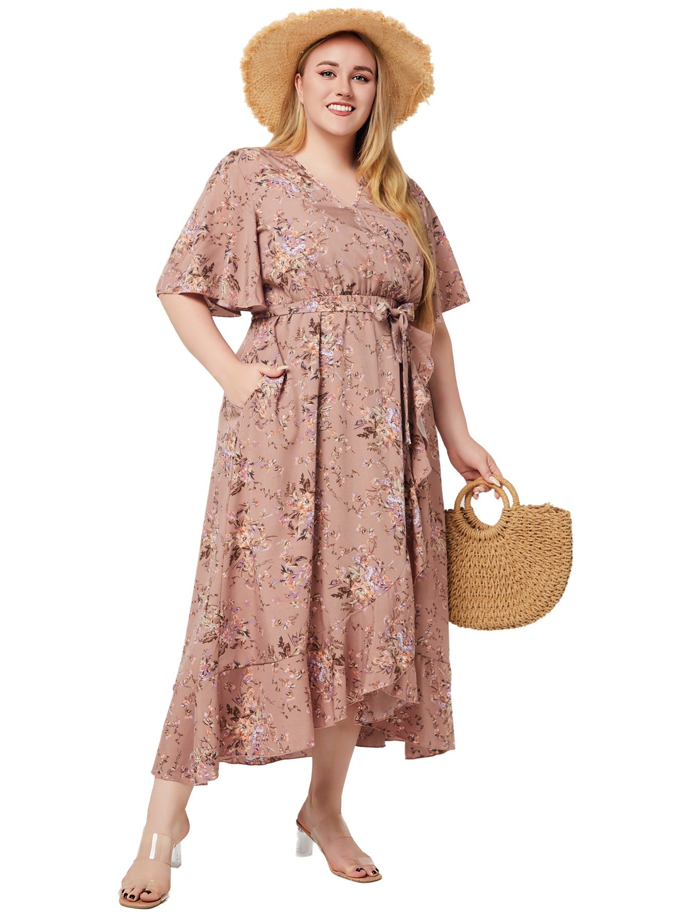 Plus Size Women Summer V Neck Short Sleeve Ruffle Print Pocket Dress