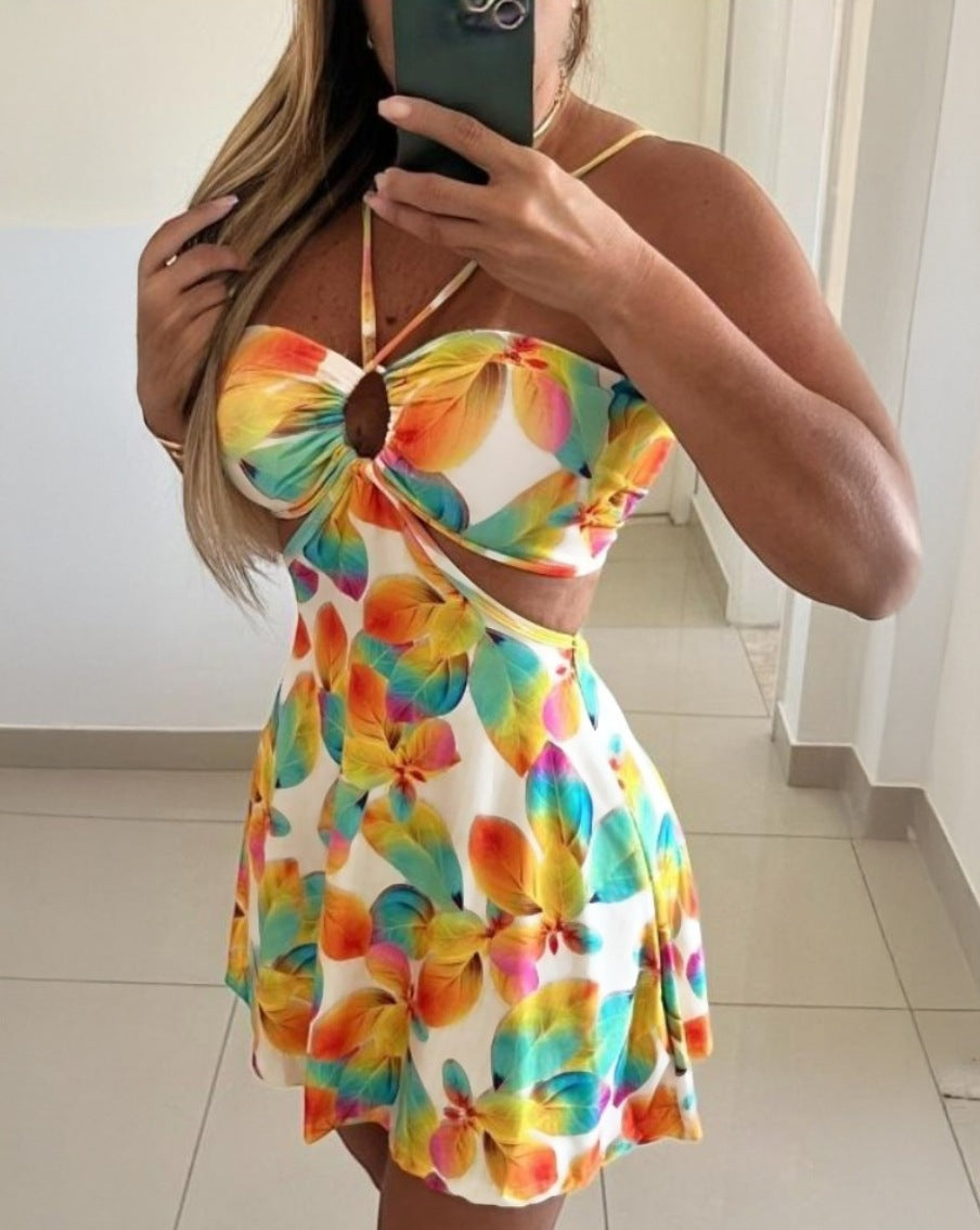 Summer print sexy Strapless Halter Neck hollow dress women's wear 4