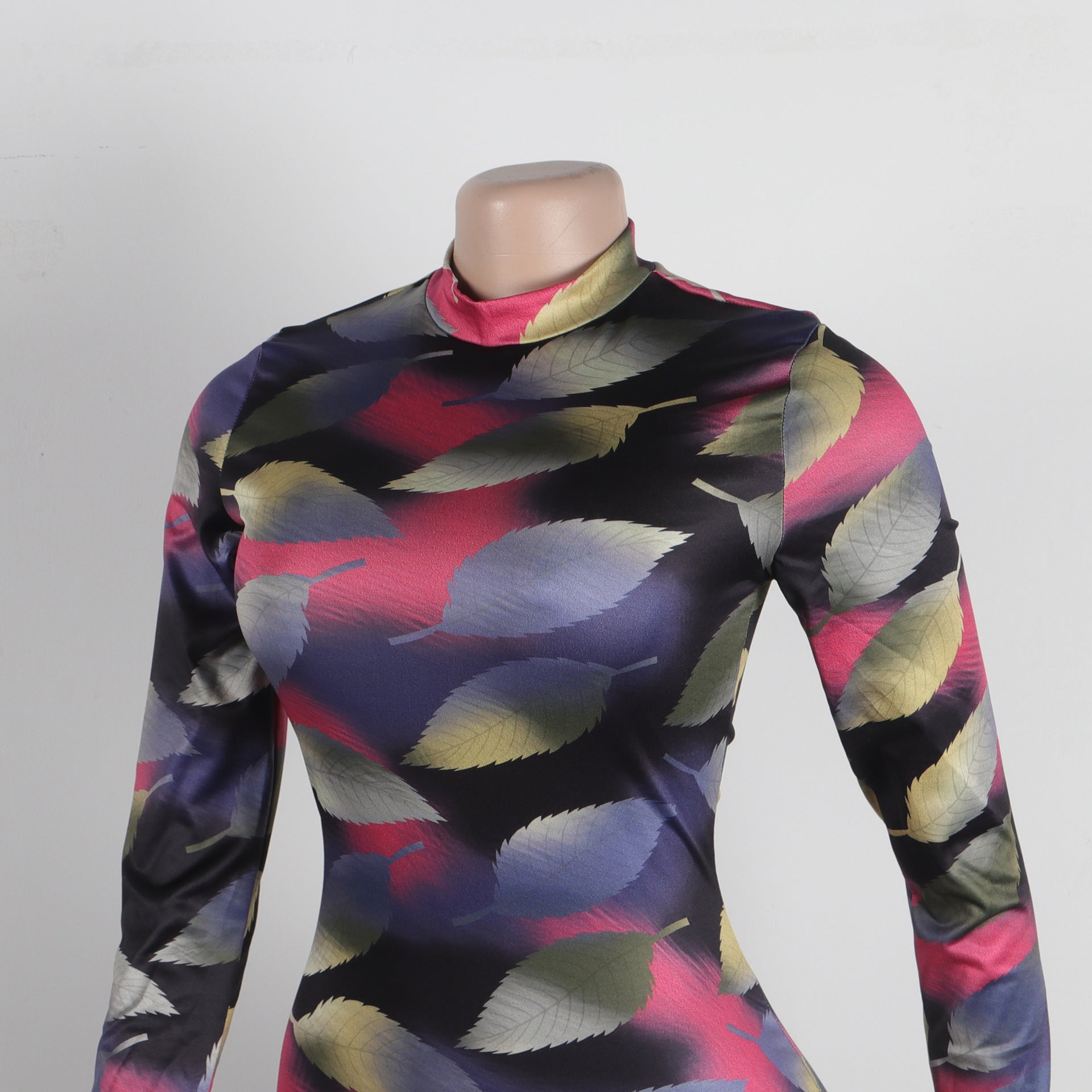 Sexy Printed Stretch Round Neck Long Sleeve Bodycon Tight Fitting Mermaid Long Dress 32