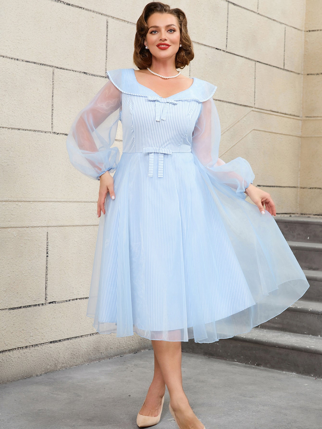 High-Waist Plus Size Women's Contrast Color Woven Striped Bubble Long-Sleeve A-Line Dress 13