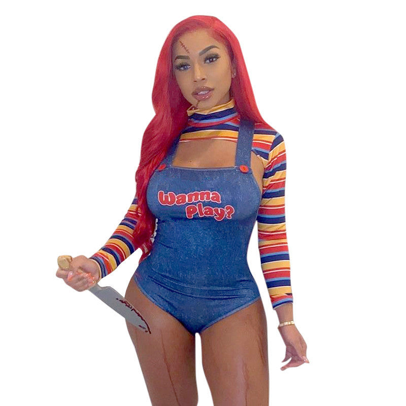 Women Sexy Cosplay Letter Long-Sleeved Overall Two-Piece Set 6