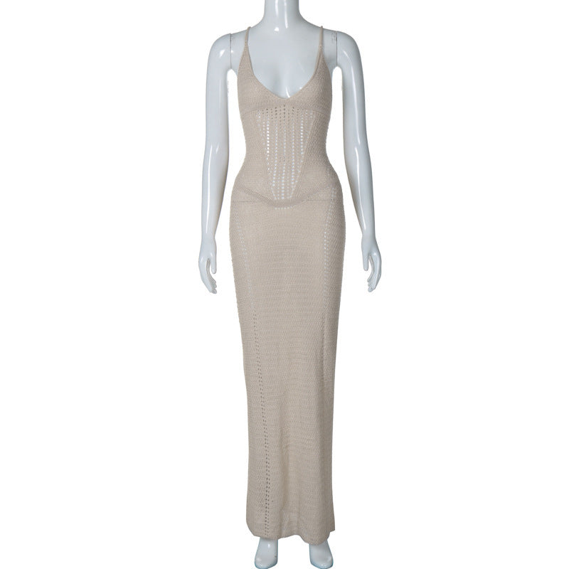 Women Spring and Summer Sexy Backless Hollow Lace Knitting Suspender Bodycon Dress 9