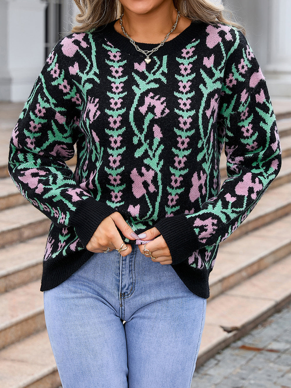 Women Jacquard Branch Round Neck Floral Sweater