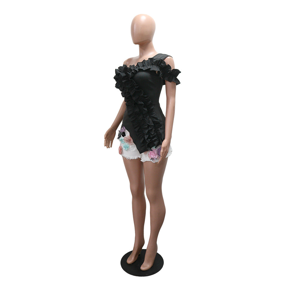 Women Off Shoulder Irregular Lotus Leaf Top 8