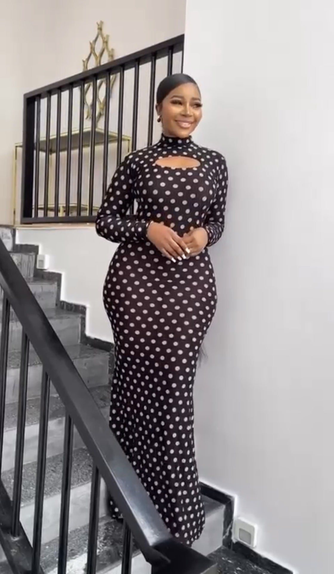 Women printed half-high collar hollow sexy long-sleeved polka dot dress